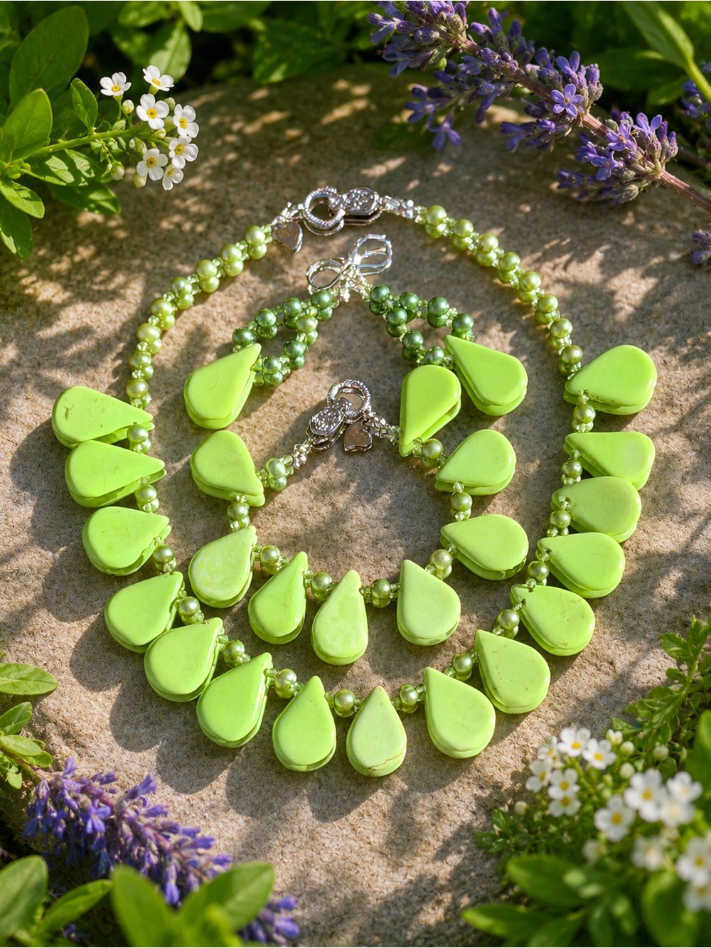 Natural Lemon Chrysoprase, Freshwater Pearls Dyed Sage Green & Glass Jewelry Set